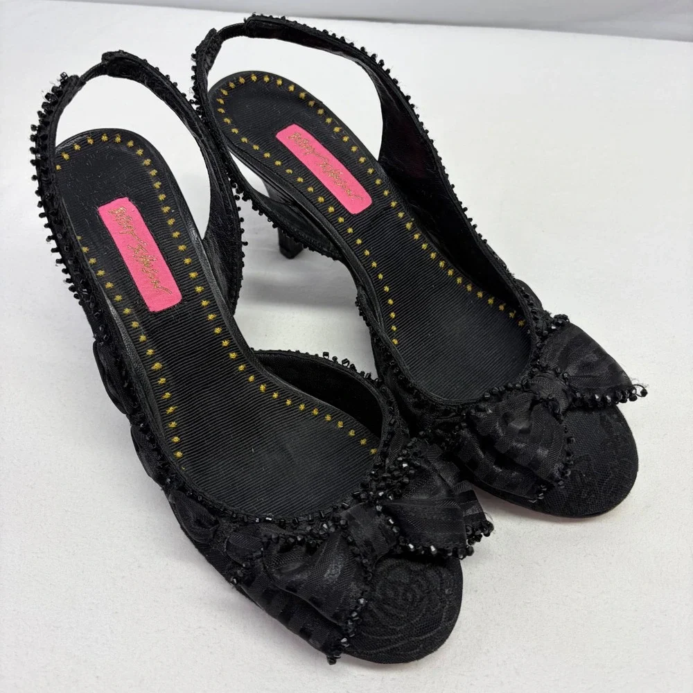 Y2K Betsey Johnson Black Lace Bow Slingback Heels 8.5M Beaded Whimsigoth Rare
